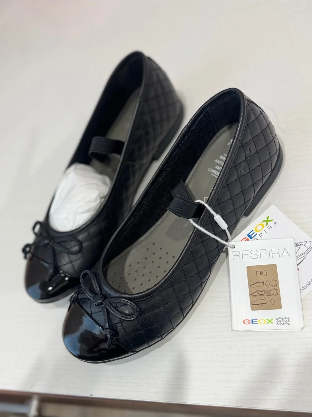 Geox Black Quilted Mary Jane Ballet Flats with Patent Toe